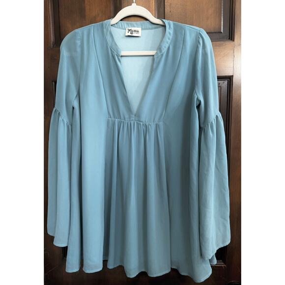 Show Me Your MuMu | Dakota Willow Swing Dress V-Neck Blue Green Aqua- Small - Picture 2 of 9